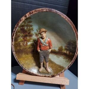 Antique 1900s painted Wood Bowl Wall Art Boy Figurine Rustic Decor Handmade